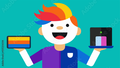 Cheerful Vlogger An influencer with colorful hair smiling widely while holding a sleek gadget in one hand and a tablet displaying Black Friday Deal in the other.