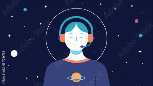Galaxy Mind A person with a headset surrounded by stars and galaxies illustrating an expansive mindset achieved through brainwave modulation during meditation.