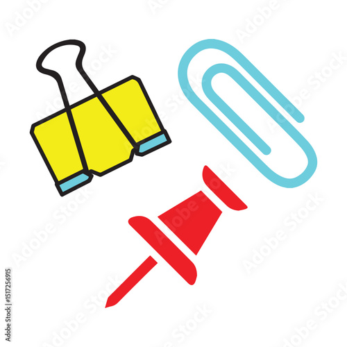 Office supplies icon set: yellow binder clip, blue paperclip, and red thumbtack 