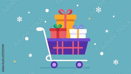 Cart Full of Gifts A shopping cart overflowing with a variety of festive gifts with a holidaythemed background featuring snowflakes and stars.