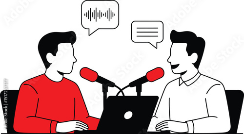 Two men recording a podcast in a studio using microphones and laptop communication concept