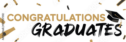 Congratulatory graphic design for graduation celebrations featuring festive text and a graduation cap on a white background.
