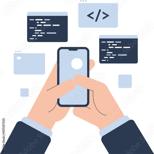 Mobile application development process illustrated with hands holding a smartphone and coding snippets