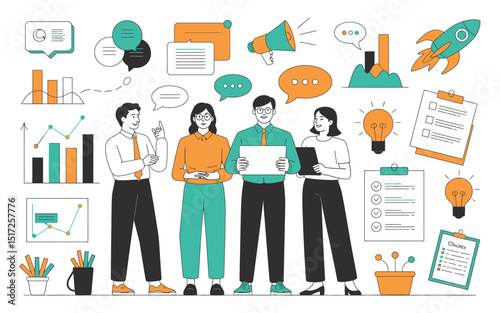 Teamwork and collaboration in a creative startup with business charts and rocket launch icons
