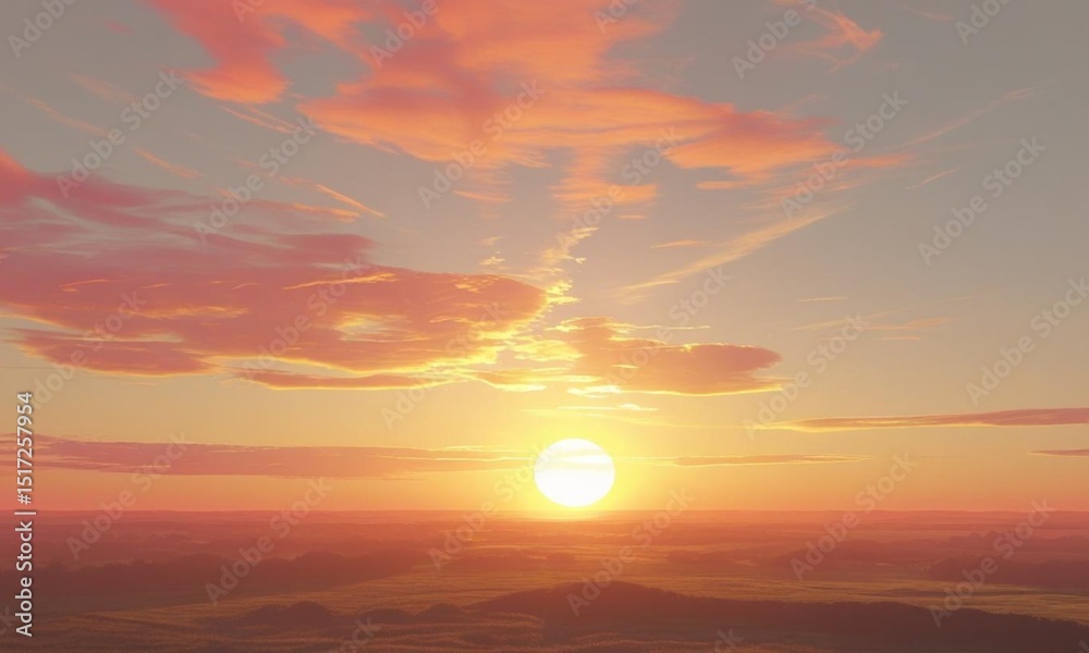 Obraz premium Vibrant orange and red clouds paint a beautiful sunset landscape over the mountains, with soft light illuminating the horizon