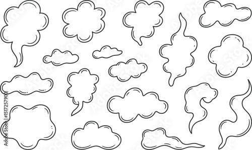 Hand drawn vector set of various clouds and smoke elements in monochrome design ideal for design projects.