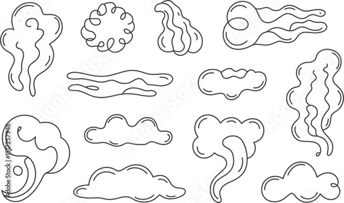 Collection of various black and white cartoon smoke and cloud elements for graphic design and decorative projects