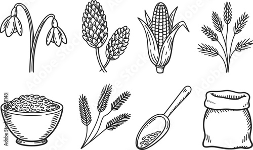 Black and white line art illustrations of various agricultural elements depicting farming and food production