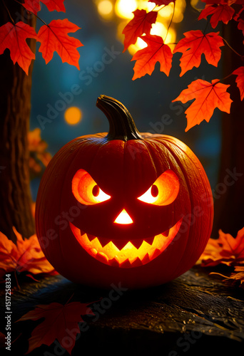Glowing Jack-o'-Lantern Amidst Autumn Leaves