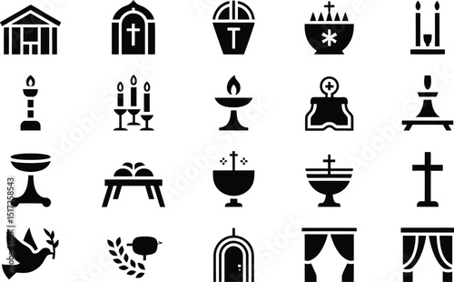 Collection of various religious icons in a black and white flat design illustrating christianity