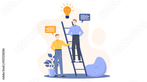 Two men standing by a ladder with a lightbulb above them. Suitable for illustrating teamwork, problem-solving, electrician services, and home improvement concepts.