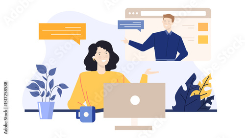 Woman video calling man on computer. Suitable for remote work, communication, online meeting concepts in business or personal settings.