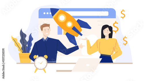Two people collaborating on a project with rocket and dollar signs, suitable for business, finance, teamwork, innovation concepts.