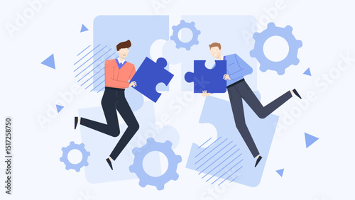 Two men fitting puzzle pieces together. Ideal for teamwork, collaboration, problem-solving, partnership concepts in business presentations, articles, or designs.