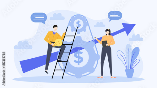 Man climbing ladder with lightbulb and woman with tablet. Ideal for innovation, creativity, problem-solving, teamwork, technology, brainstorming concepts.
