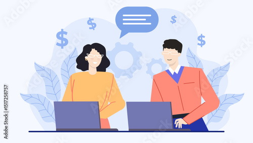 Two people working on laptops against blue background. Suitable for technology, remote work, freelancing, digital nomad concepts, and teamwork themes.