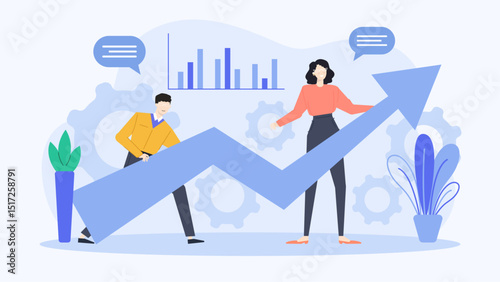 Two people pushing an arrow upward, symbolizing growth. Perfect for business concepts, success, teamwork, progress, motivation, and achievement themes.