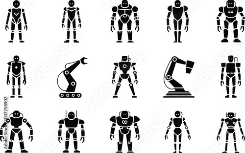 Collection of various stylized robot illustrations and robotic arms in minimalist flat black and white icon design