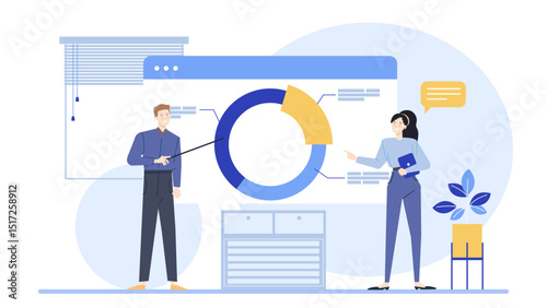 Two individuals explain pie chart in business presentation. Suitable for financial reports, data analysis, teamwork concepts, corporate meetings, presentations.