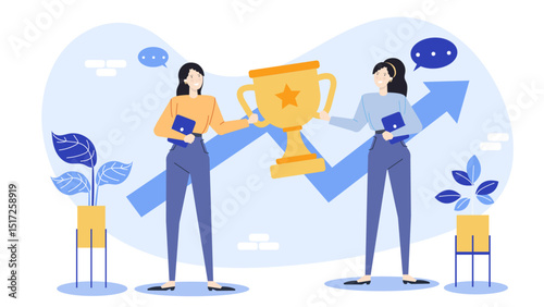 Two women celebrating success with a trophy; great for business, teamwork, achievement, competition, diversity, women in leadership themed designs.