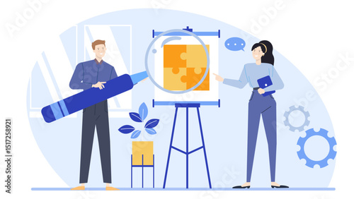 Two people discussing a puzzle on a whiteboard; perfect for educational content, teamwork concepts, problem-solving articles, or collaborative projects.