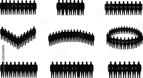 Silhouette illustrations of diverse group of business people presenting teamwork and unity in various arrangements
