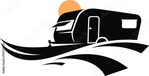 A stylized black caravan on abstract waves with a yellow sun in the background graphic illustration silhouette
