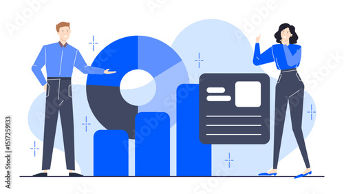 Man and woman by pie chart and bar graph; financial concept suitable for presentations, reports, business articles, educational materials, website graphics.
