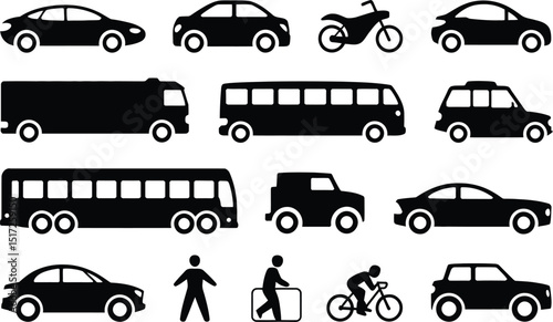 Collection of simple black silhouettes representing different types of transportation vehicles and people interacting