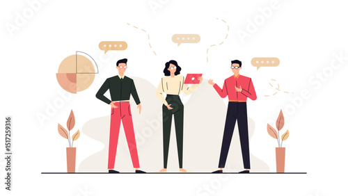 Three people with speech bubbles, ideal for communication, dialogue, brainstorming, teamwork, networking, diverse opinions, discussion, and collaboration concepts.