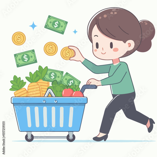 cartoon vector illustration of person pushing money market basket