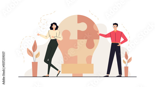 Two people near a large light bulb shaped puzzle, symbolizing teamwork, innovation, problem-solving. Suitable for teamwork, brainstorming, innovation concepts.