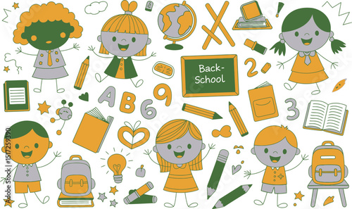 A whimsical vector illustration featuring adorable school children with backpacks books and school supplies for educational designs