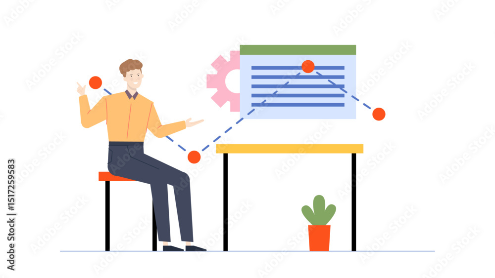 Fototapeta premium Man points at a diagram on a stool. Suitable for business presentations, educational materials, and marketing concepts related content creation.