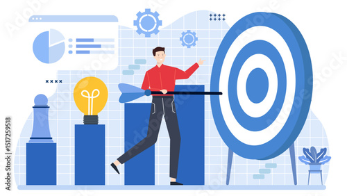 Man aiming arrow at target, focus, determination, success concept suitable for archery, target setting, achievement, goal reaching themes in designs.