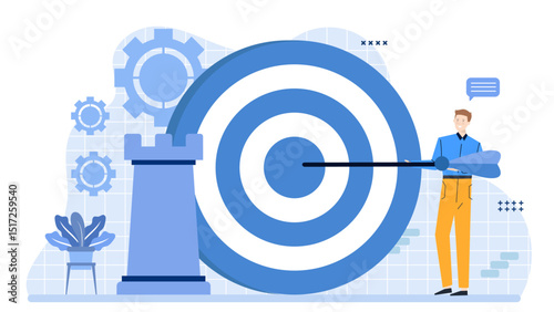 Man, target, castle setting. Perfect for business concept, goal setting, success strategies, or aspiration themes in presentations, social media, or marketing.