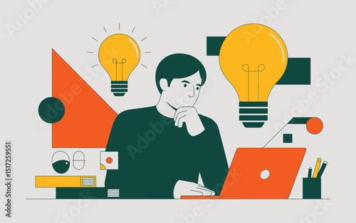 A creative professional deep in thought working on a laptop surrounded by abstract idea generation imagery