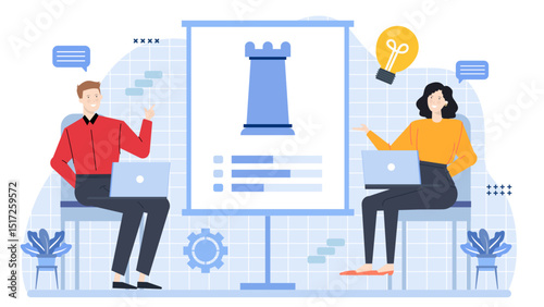 Two individuals engaged in a professional discussion, suitable for business, teamwork, communication, planning, or strategy concepts in presentations or articles.