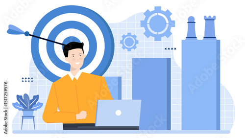 Man with laptop and target, suitable for business presentations, marketing material, technology blogs, remote work graphics, and digital advertising.