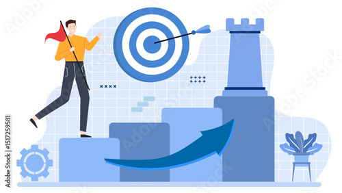 Man ascending stairs toward a castle target, depicting determination and progress. Suitable for motivation, achievement, goals, success concept designs.