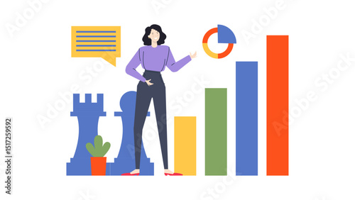 Woman presenting data with speech bubble, pie chart, and bar graphs in a lively cartoon style; suitable for presentations and infographics.