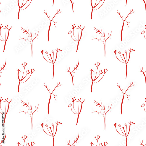 Seamless red dill pattern with hand drawn whimsical botanical elements on white background for modern packaging and textiles