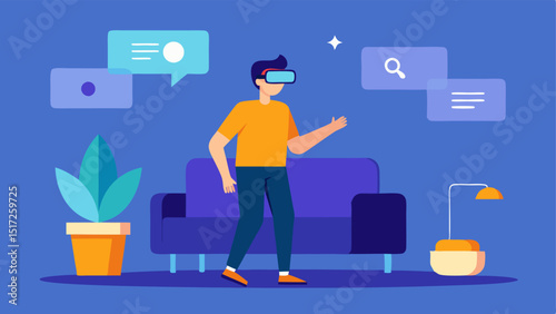Augmented Reality Shopping A user wearing AR glasses interacts with floating product recommendations in their living room highlighting a couch that perfectly matches their decor