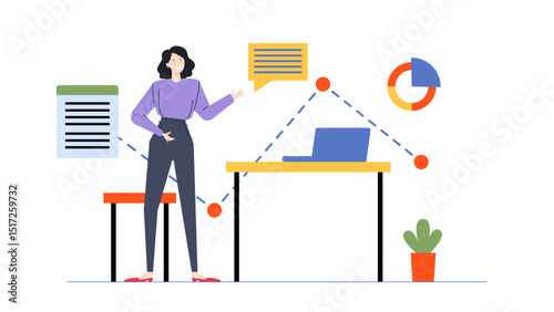 Woman standing by a desk and chair. Suitable for office, work, professionalism, business, entrepreneur, workplace, corporate, and modern.
