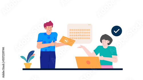 Two people engaged in a lively discussion about an online calendar, perfect for illustrating virtual meetings or online collaboration.