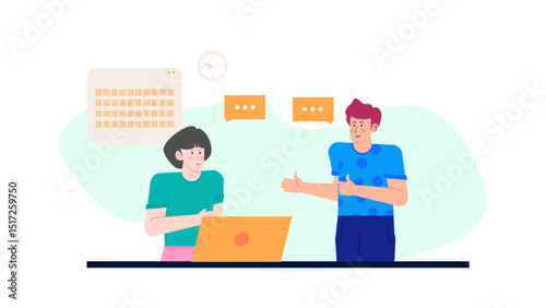 Woman working on laptop with man in discussion, teamwork concept, business meeting, communication, office environment, technology collaboration, online conference, partnership.