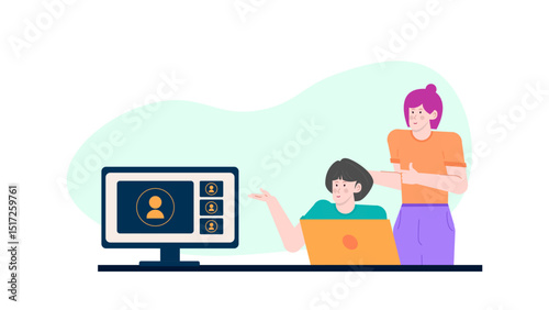 Two women video calling on laptop, virtual meeting, online communication, technology, remote work, social distancing, teamwork, collaboration, internet connection.