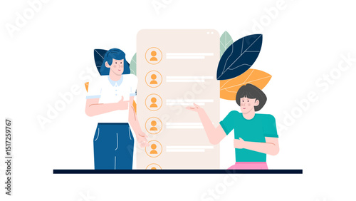 Two women by a list of people with profile pictures, suitable for business concept, team collaboration, diversity, online networking themes.
