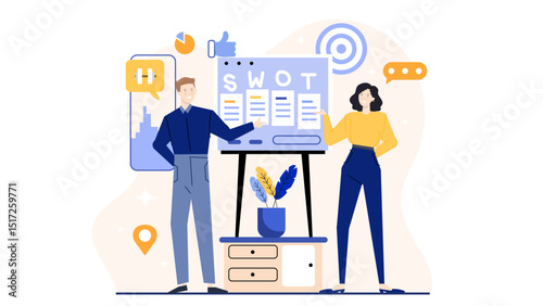 Two people discussing a SWOT analysis chart in a business meeting. Suitable for presentations, strategy concepts, business consultations, teamwork visuals.