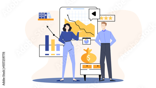 Two people, a graph, money bag, and a table in a business setting. Perfect for financial planning or business strategy concepts.